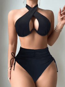 Women's black sexy  two-piece quick-dry fabric bikini swimwear (size: L)